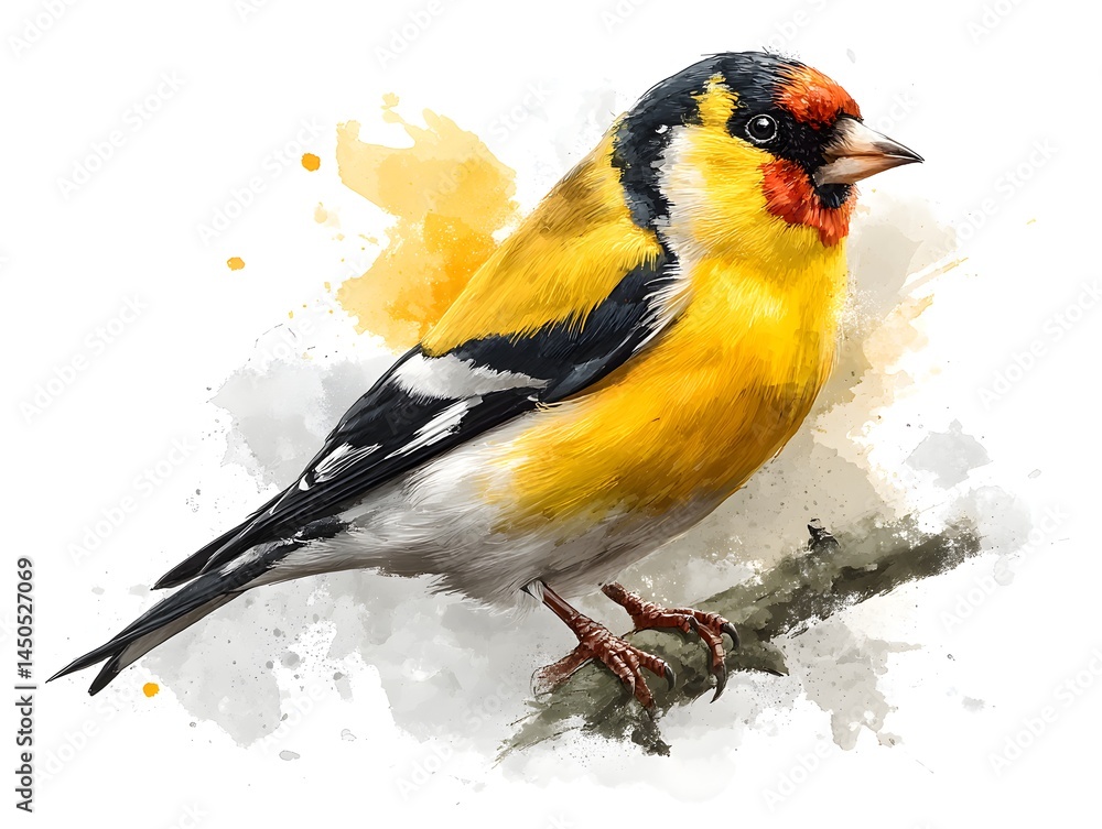 Obraz premium A vibrant digital painting of a goldfinch perched on a branch against a watercolor splash background.
