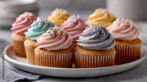 Cupcakes featuring vibrant frosting in pastel shades are arranged neatly on a round platter, showcasing a delightful array of sprinkles on top for added charm and celebration