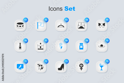 Set International Women Day, King crown, Feminist activist, Woman shoe, Martini glass, Elegant women hat, Gift box and heart and Flower icon. Vector