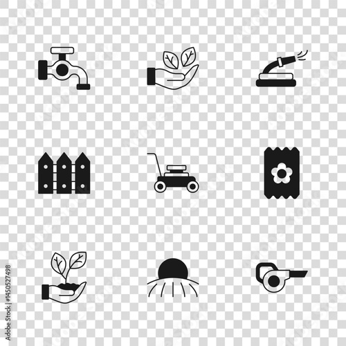 Set Sunrise, Pack full of seeds, Leaf garden blower, Lawn mower, Garden hose, Water tap, in hand and fence wooden icon. Vector