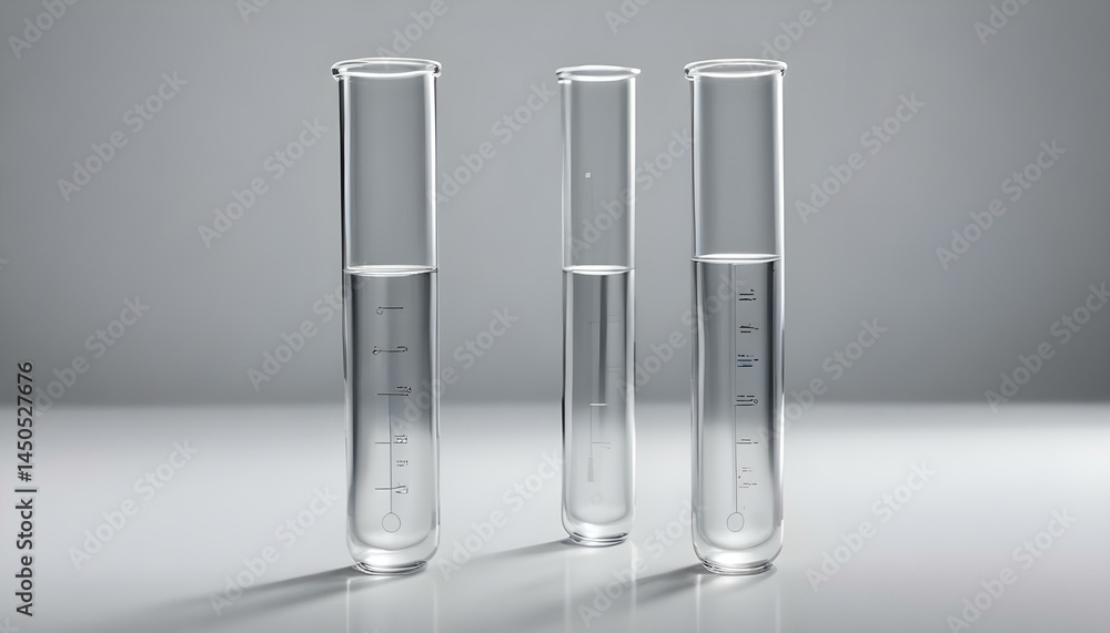 Three test tubes filled with a clear liquid, perfect for science and laboratory research. Three test tubes filled with a clear liquid, perfect for science and laboratory research.