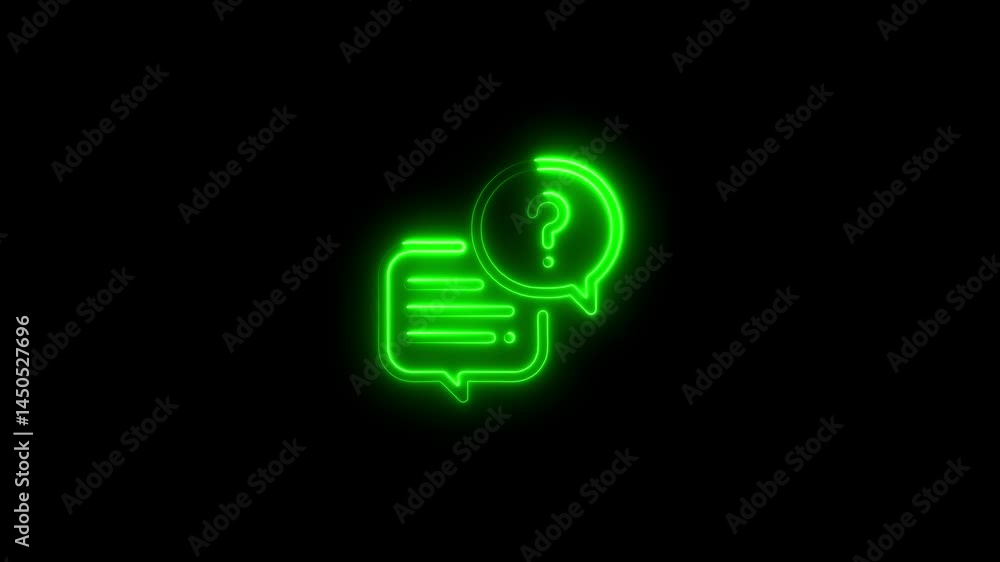 Glowing neon green question mark and message bubbles symbol on black background Glowing neon green question mark and message bubbles symbol on black background