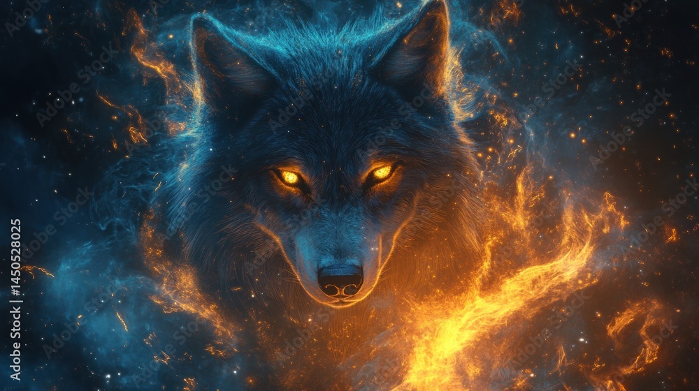 Enigmatic wolf portrait with vibrant flames. Enigmatic wolf portrait with vibrant flames.