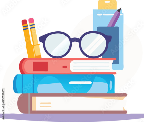 A stack of books with a pair of glasses resting on top, beside a steaming mug on a desk