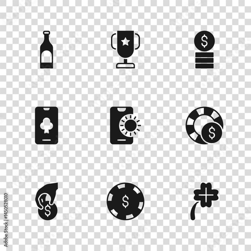 Set Casino chip with dollar, chips, slot machine clover, Online sports betting, Bottle of wine, poker trophy cup and table game icon. Vector