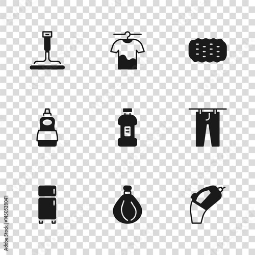 Set Garbage bag, Drying clothes, Portable vacuum cleaner, Bottle for detergent, Sponge, Rubber windows, and Dishwashing liquid bottle icon. Vector