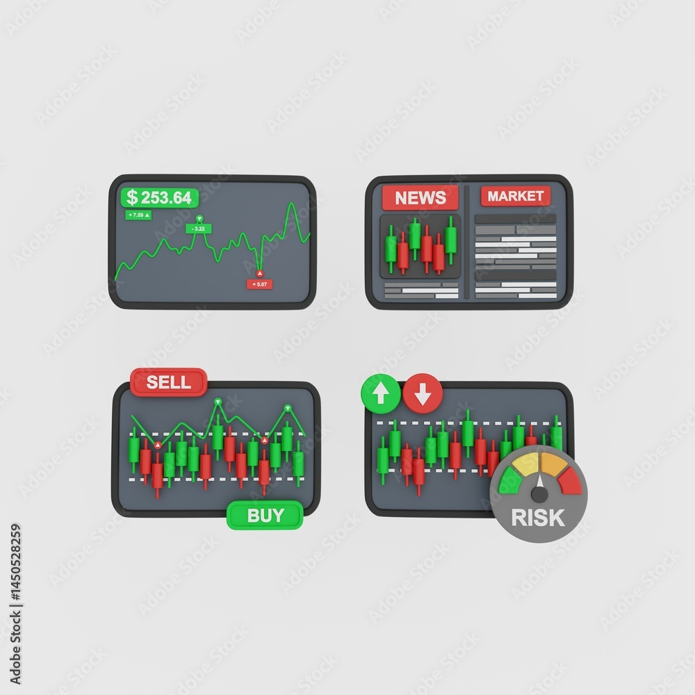 Set of 3D icons of buy and sell indicator charts for stock markets or cryptocurrencies. Buying and selling bonds, financial investments. 3D rendering.
Set of 3D icons of buy and sell indicator charts for stock markets or cryptocurrencies. Buying and selling bonds, financial investments. 3D rendering.