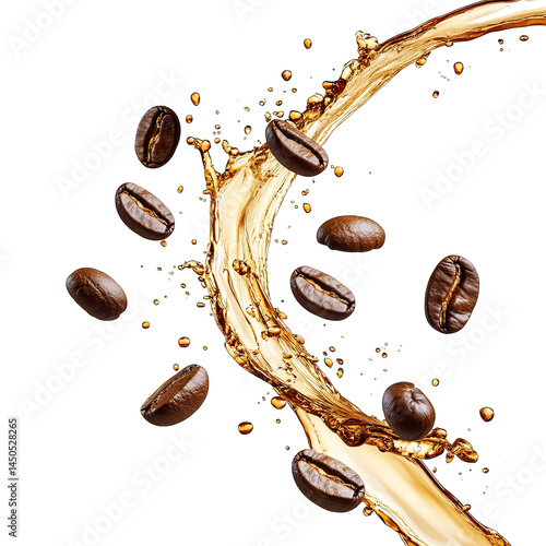 Coffee Beans Levitation with Liquid Splash on a Transparent Background Composition