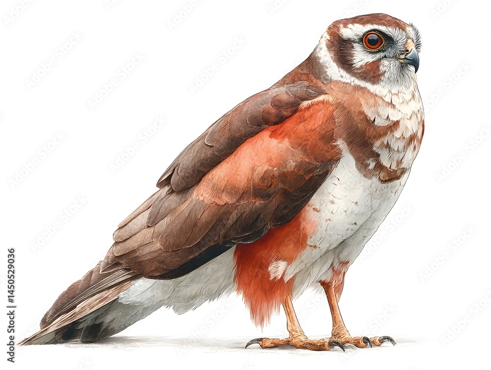 Fototapeta premium A detailed illustration depicts a vibrant red and brown hawk perched gracefully against a stark white background.