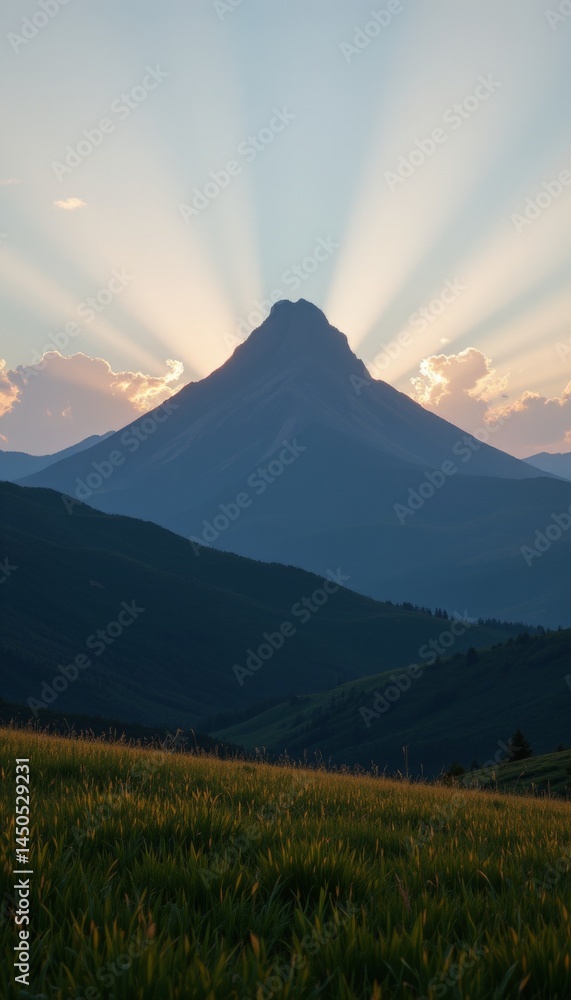 Fototapeta premium Mountain Peak with Sun Rays at Sunset