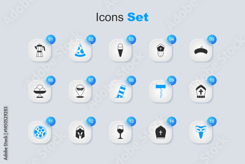 Set Pope hat, Carnival mask, Slice of pizza, Pizza, Coffee maker moca pot and Leaning tower in Pisa icon. Vector