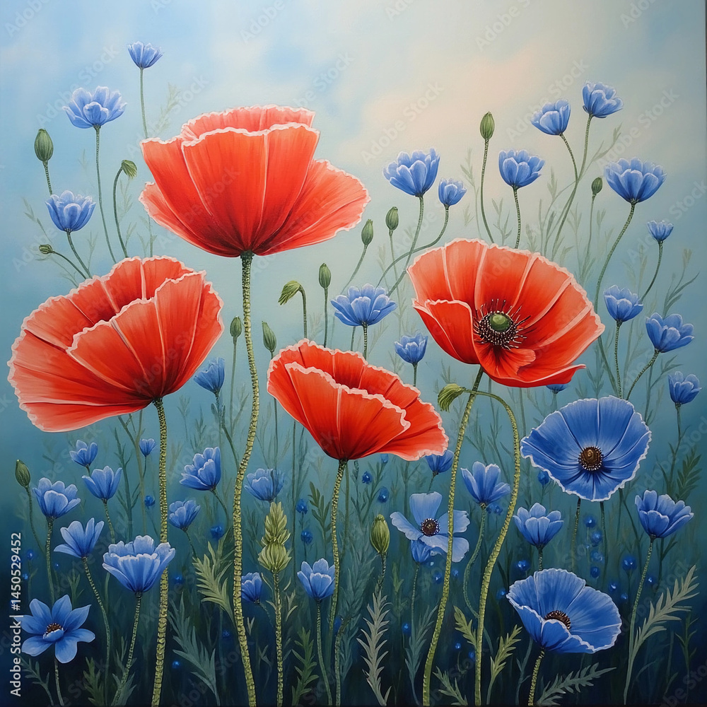 Fototapeta premium Field poppies. Painting on canvas.