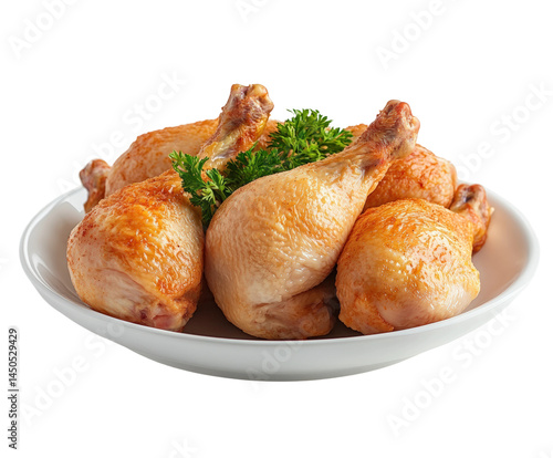 Savory roast chicken drumsticks on white plate culinary delight home kitchen isolated on transparent background