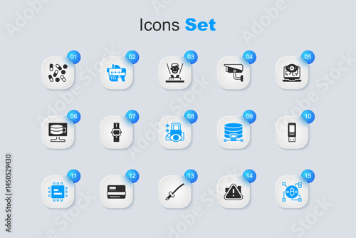 Set Exclamation mark in triangle, Wrist watch, Futuristic weapon, Processor CPU, Blockchain technology Bitcoin, USB flash drive, Medical pill biohacking and Cyber security icon. Vector