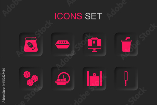 Set Round the clock delivery, Lunch box, Online ordering fish, food, Paper glass with water, Knife, and Cookie biscuit icon. Vector