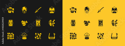 Set Cloud database, Network cloud connection, Cryogenic capsules, Medical pill biohacking, Earth with exclamation mark, Katana, Futuristic weapon and Planet earth and radiation icon. Vector