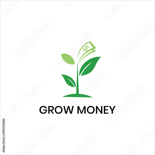 Grow Money Logo. Green Leaf and Tree Symbol for Finance, Investment, Banking, Eco Business, Profit Growth, Currency, Wealth, Market, Dollar, Revenue, Graph Icon, Vector Design for Company Branding