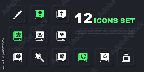 Set Jewish torah book, Inkwell, Ancient magic, Earth globe and, Book about physics, Magnifying glass, User manual and Law icon. Vector