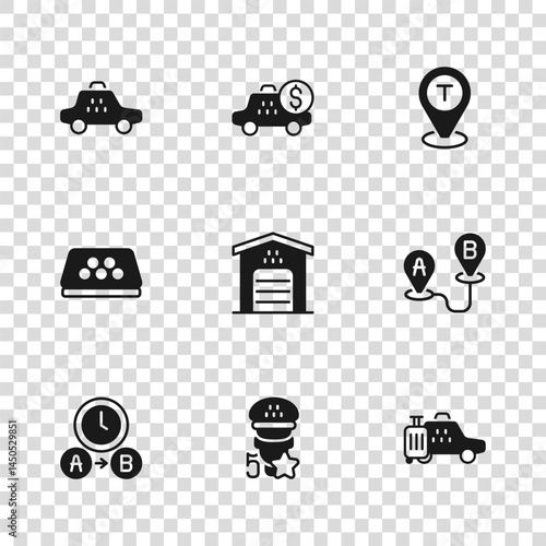 Set Taxi service rating, Route location, car, Garage for taxi, Location, Taximeter device and roof icon. Vector