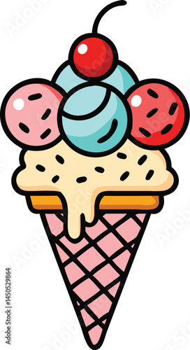 A quirky oversized ice cream cone with multiple colorful scoops and sprinkles, melting slightly