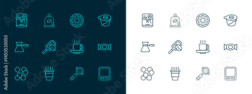 Set line Pour over coffee maker, Coffee cup to go, filter holder, Spatula with grain, Donut, machine and Bag beans icon. Vector