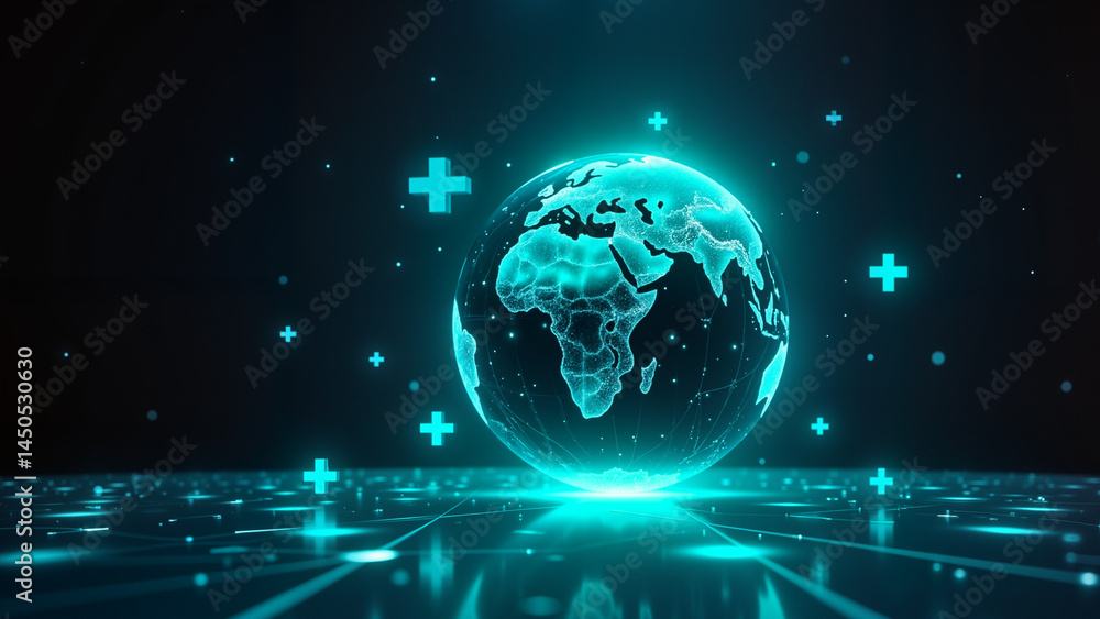 Fototapeta premium Holographic Earth with Medical Cross Icons - Glowing Digital Representation in Blue and Green for World Health Day, Healthcare Technology, and Medical Awareness Campaigns