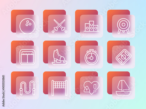 Set line Target sport, Volleyball net, Stopwatch, Heart rate, Skates, Award over sports winner podium, Bowling and Fencing icon. Vector
