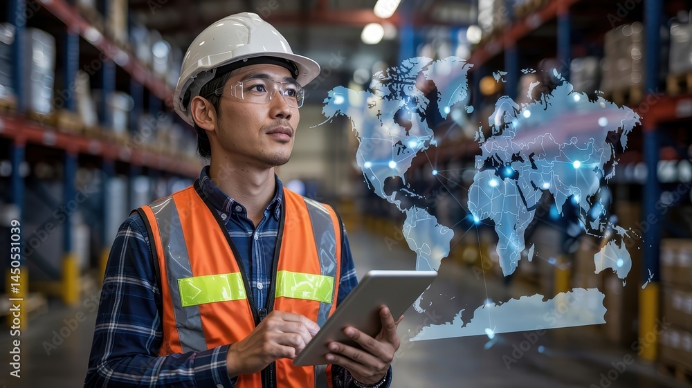 Warehouse worker using a tablet with a global network overlay. Warehouse worker using a tablet with a global network overlay.