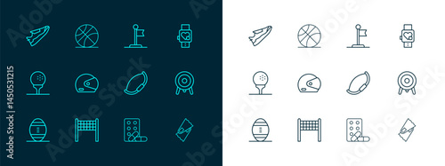 Set line Smart watch with heart, Volleyball net, Medieval bow, Sports doping dumbbell, Racing helmet, Flag, Fitness sneakers shoes and Basketball icon. Vector