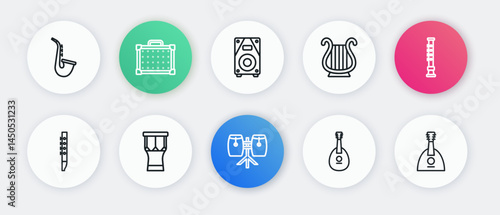 Set line Conga drums, Flute, Mandolin, Ancient Greek lyre, Stereo speaker, Balalaika and African percussion icon. Vector