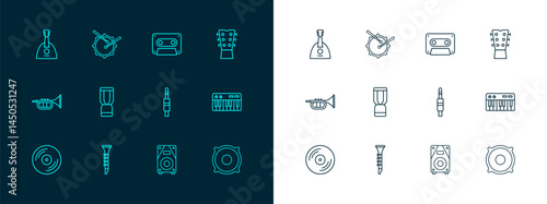 Set line Guitar neck, Clarinet, Audio jack, Stereo speaker, African djembe drum, Retro audio cassette tape, Balalaika and Drum with sticks icon. Vector