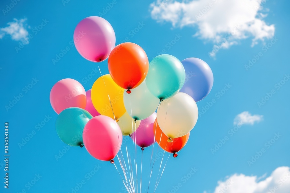 A colorful balloons floating against a bright blue sky isolated on white background A colorful balloons floating against a bright blue sky isolated on white background