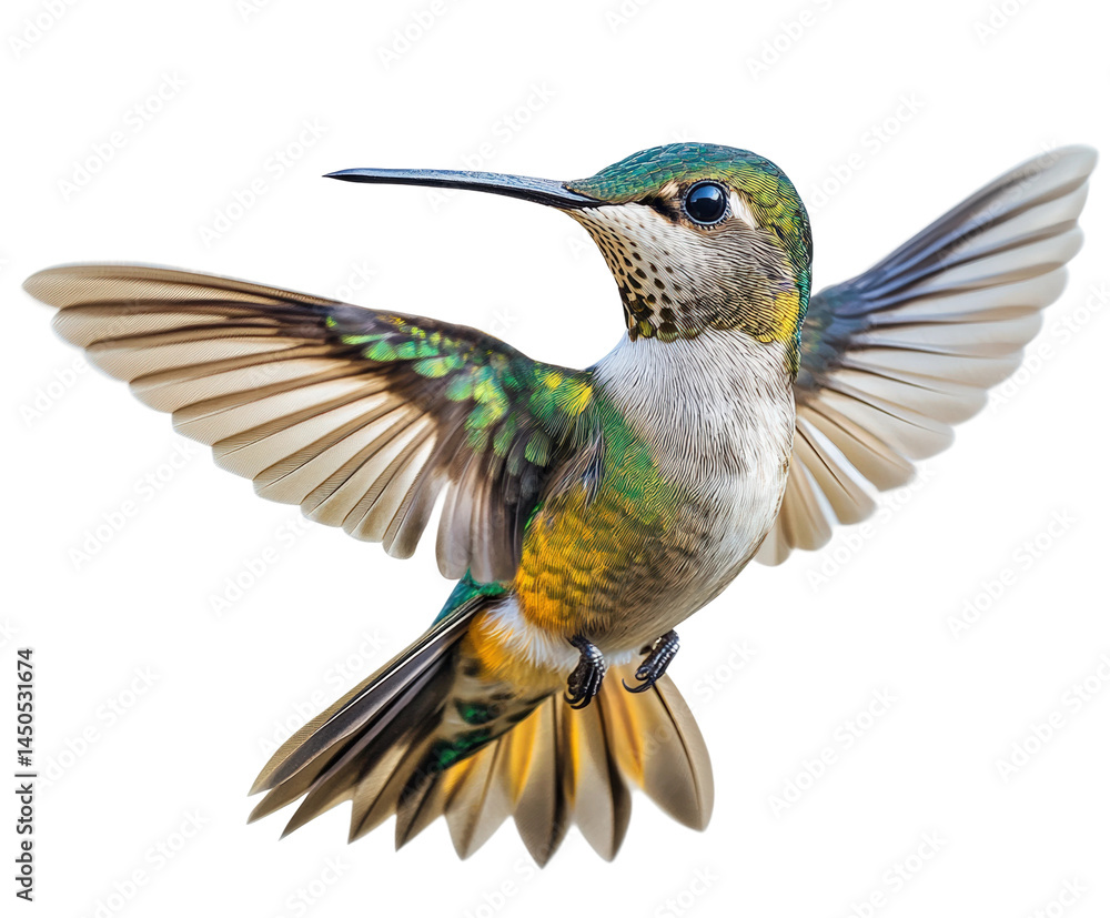 Fototapeta premium Hummingbird in flight natural habitat wildlife colorful environment view isolated on transparent background