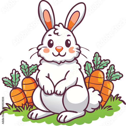 A fluffy rabbit sitting in a garden of carrot shoots, nibbling on a fresh carrot