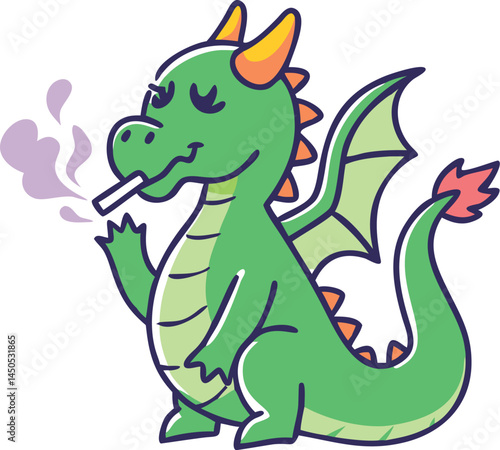 A friendly dragon blowing a puff of smoke with bright scales, sitting on a treasure chest