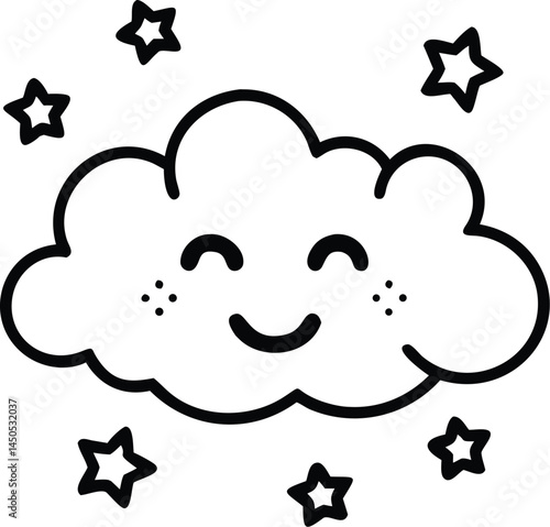 A fluffy cloud with a smiling face surrounded by tiny stars and a rainbow in a cheerful sky