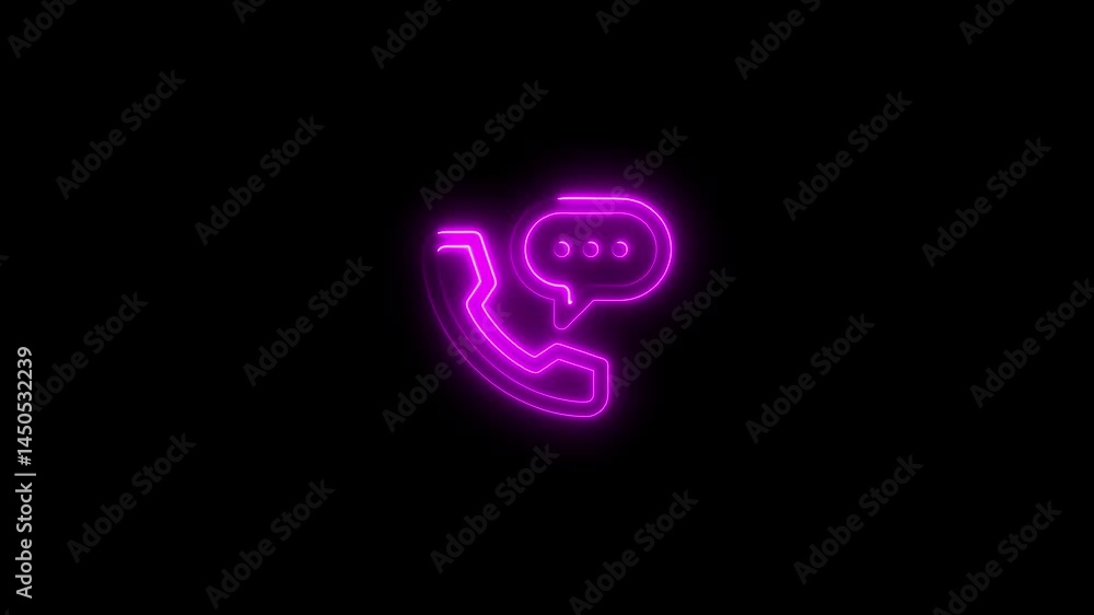 Glowing neon phone and chat bubble symbol animation on a dark black background Glowing neon phone and chat bubble symbol animation on a dark black background