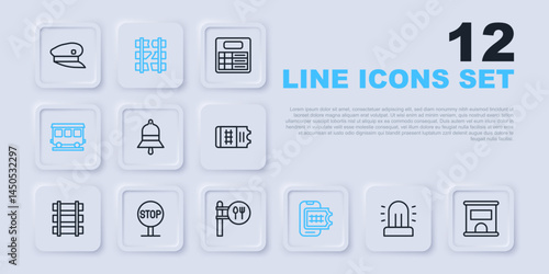 Set line Flasher siren, Ticket office to buy tickets, Train station bell, Online booking, Passenger train cars, Stop sign, Broken or cracked railway and Cafe and restaurant location icon. Vector
