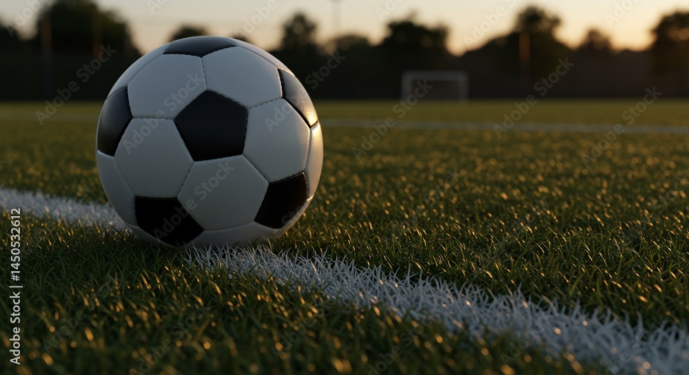 Fototapeta premium A soccer ball resting on the grass field near the white line with a goal in the background blur