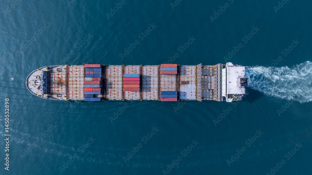 Aerial view container cargo ship freight shipping international, Global business freight shipping import export logistic transportation container ship, Container cargo ship sea freight container ship.