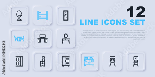 Set line Chair, Office desk, Library bookshelf, Table with chair, Furniture nightstand lamp, Bunk bed and Wardrobe icon. Vector