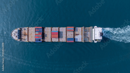 Obraz na płótnie Aerial view container cargo ship freight shipping international, Global business freight shipping import export logistic transportation container ship, Container cargo ship sea freight container ship. w salonie
