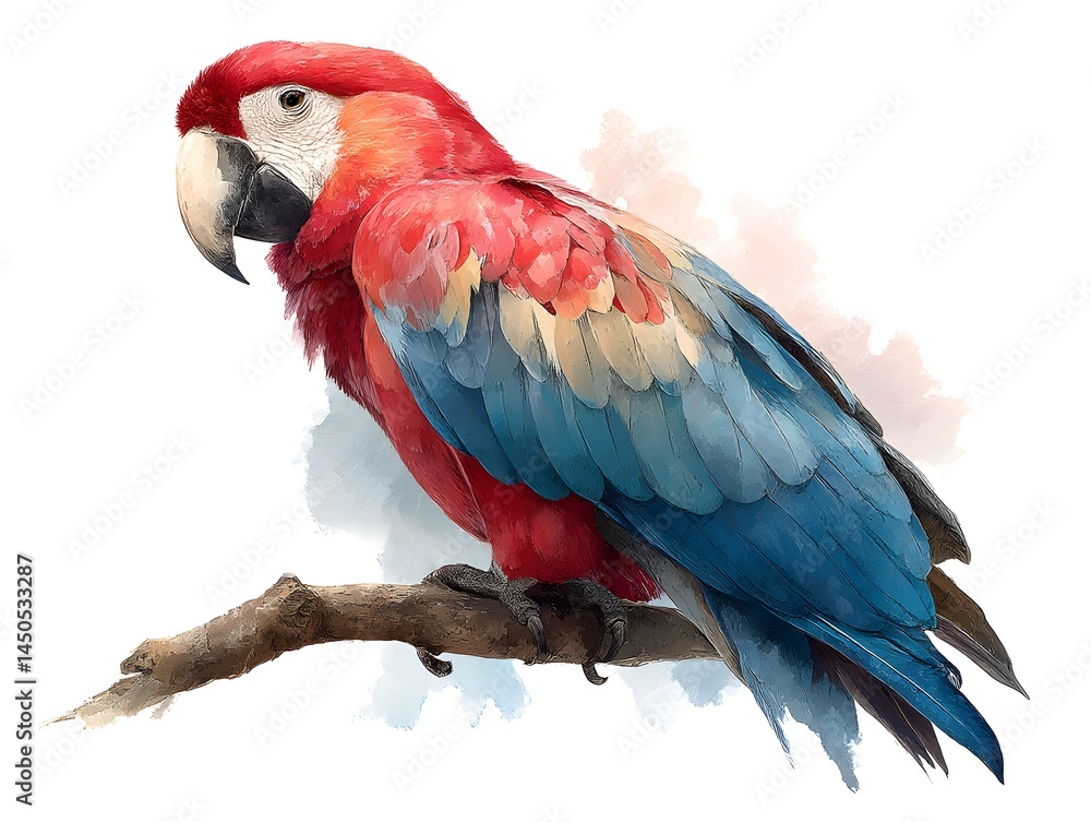Obraz premium A vibrant scarlet macaw parrot perched on a branch is depicted in a detailed watercolor painting style illustration.