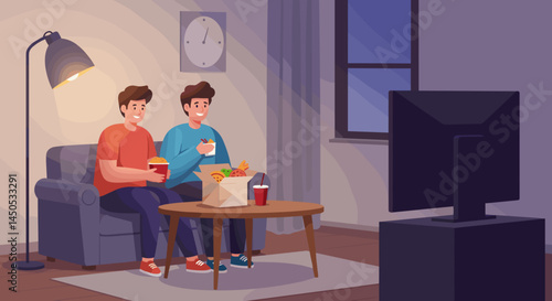 Young men enjoying a cozy movie night at home with takeout food in front of the TV