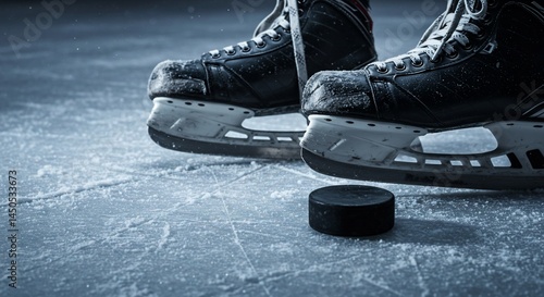 Close up view of ice hockey skates and a puck on a rink with ice scratches and snow dust in the air