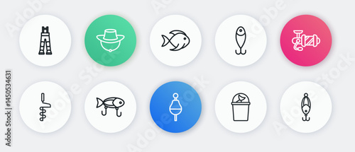 Set line Fishing float, Spinning reel for fishing, Hand ice drill, bucket with, lure, and icon. Vector