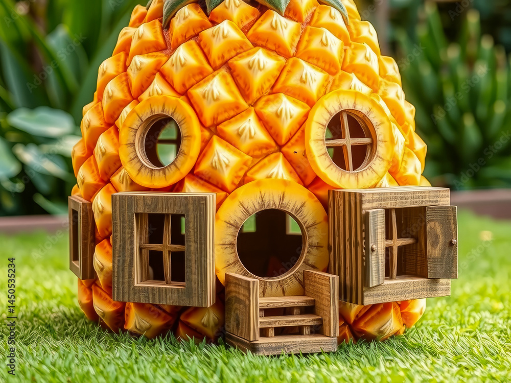 A pineapple house made of wood and pineapple is sitting on a grassy lawn. The house has a unique and creative design, with a wooden frame and a pineapple exterior. The grass around the house is lush