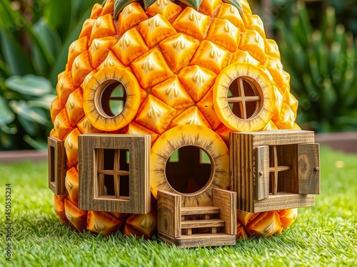 Obraz na płótnie A pineapple house made of wood and pineapple is sitting on a grassy lawn. The house has a unique and creative design, with a wooden frame and a pineapple exterior. The grass around the house is lush w salonie