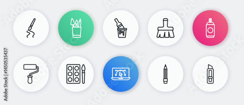 Set line Computer with design program, Paint spray can, roller brush, Pencil eraser, bucket, Stationery knife and Watercolor paints box icon. Vector
