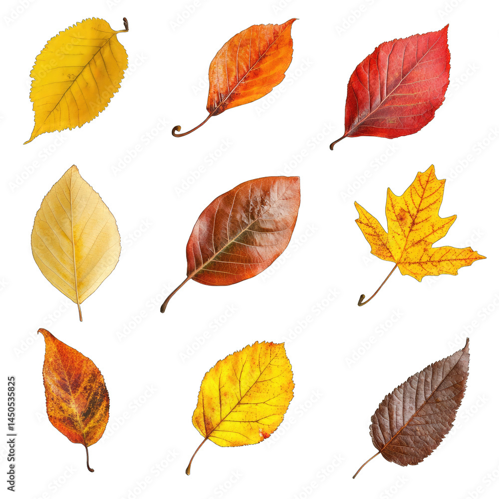Obraz premium Nine Colorful Autumn Leaves with Detailed Veins Isolated on Transparent Background